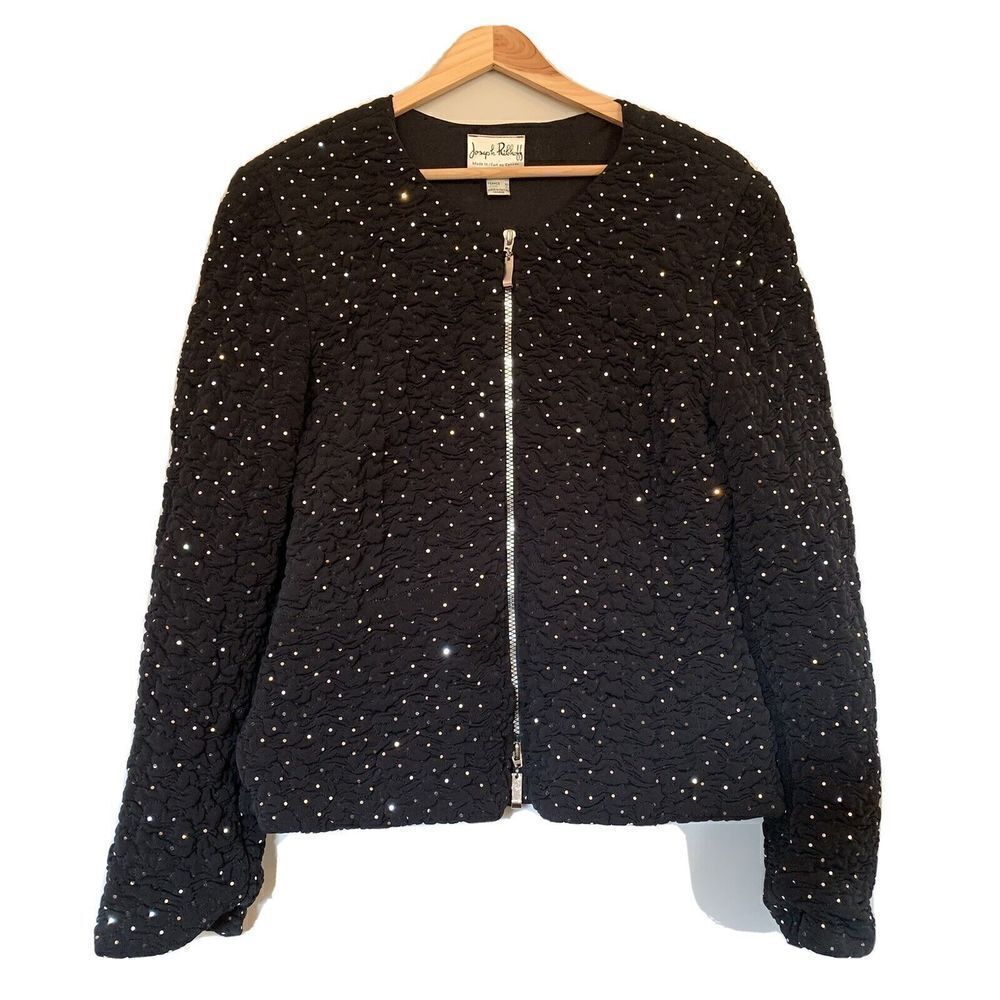 Joseph Ribkoff Womens Jacket Zip Up Quilted Black/Silver Sparkle Sz. 12